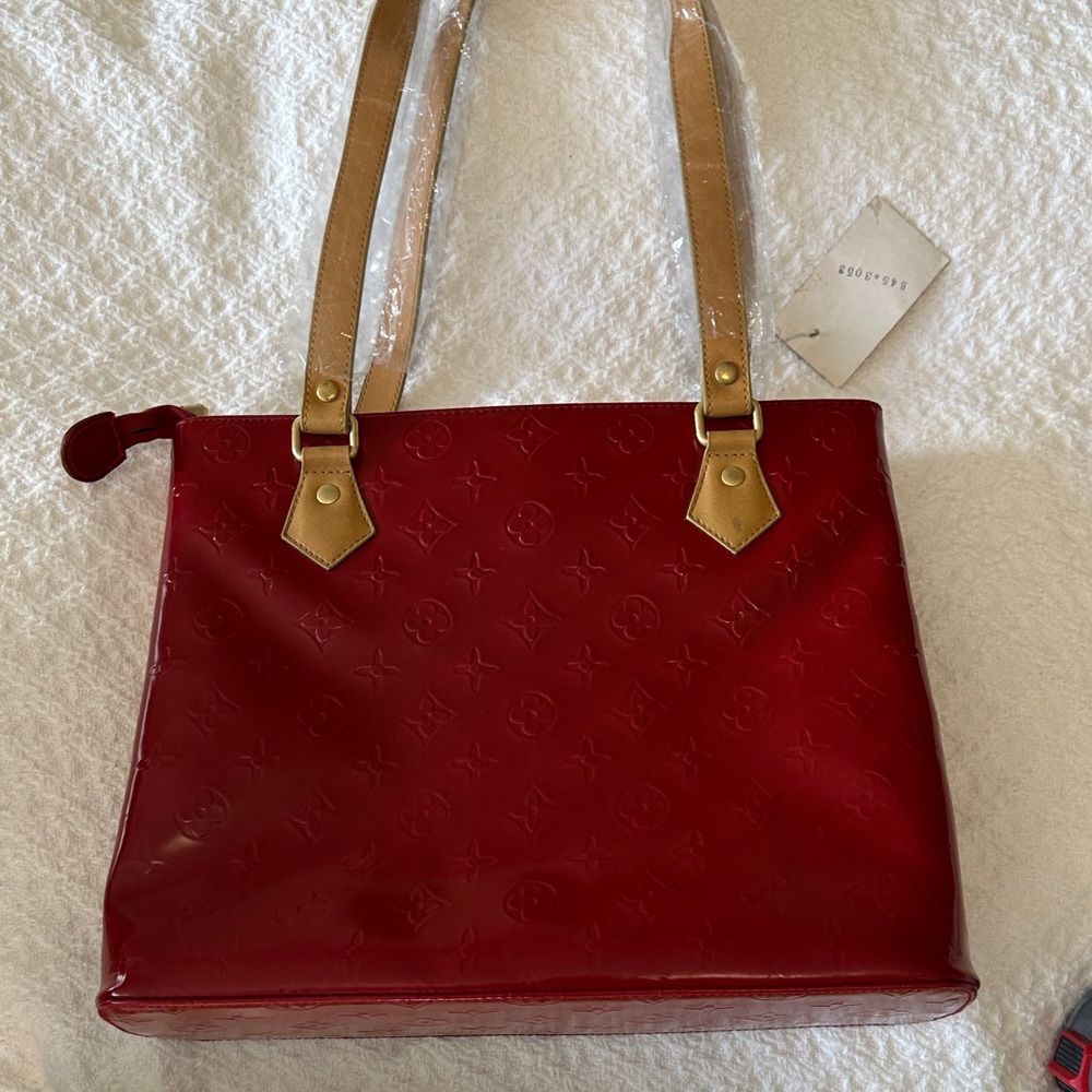 Chic Red Tote with Tan Handles